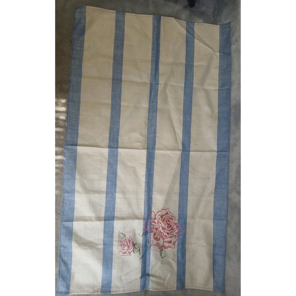 Pure Belgian Linen Tea Towel Blue Striped Pink‎ Rose Floral Farmhouse Kitchen